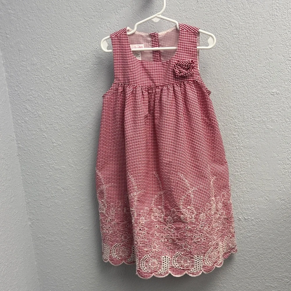 Bonnie Jean Girl’s 6yo Red Gingham Dress with Floral Embroidery, EUC